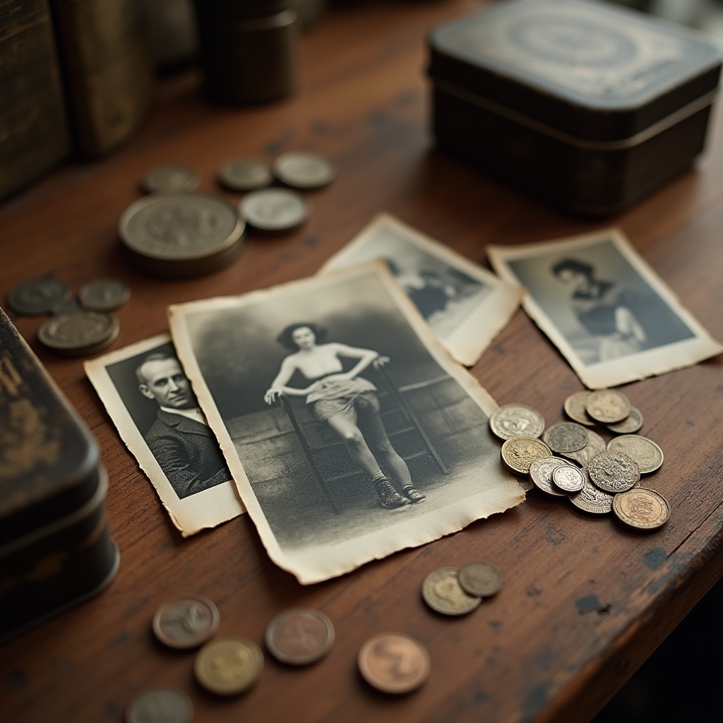 Staré rodinné fotografie a mince rozložené na stole