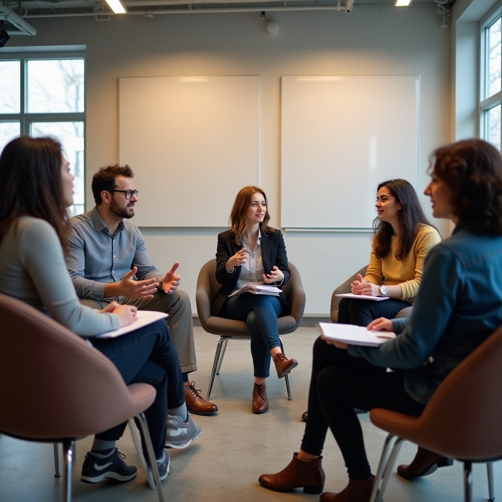 Skupina lidí diskutuje nad poznámkami během workshopu o penězích
